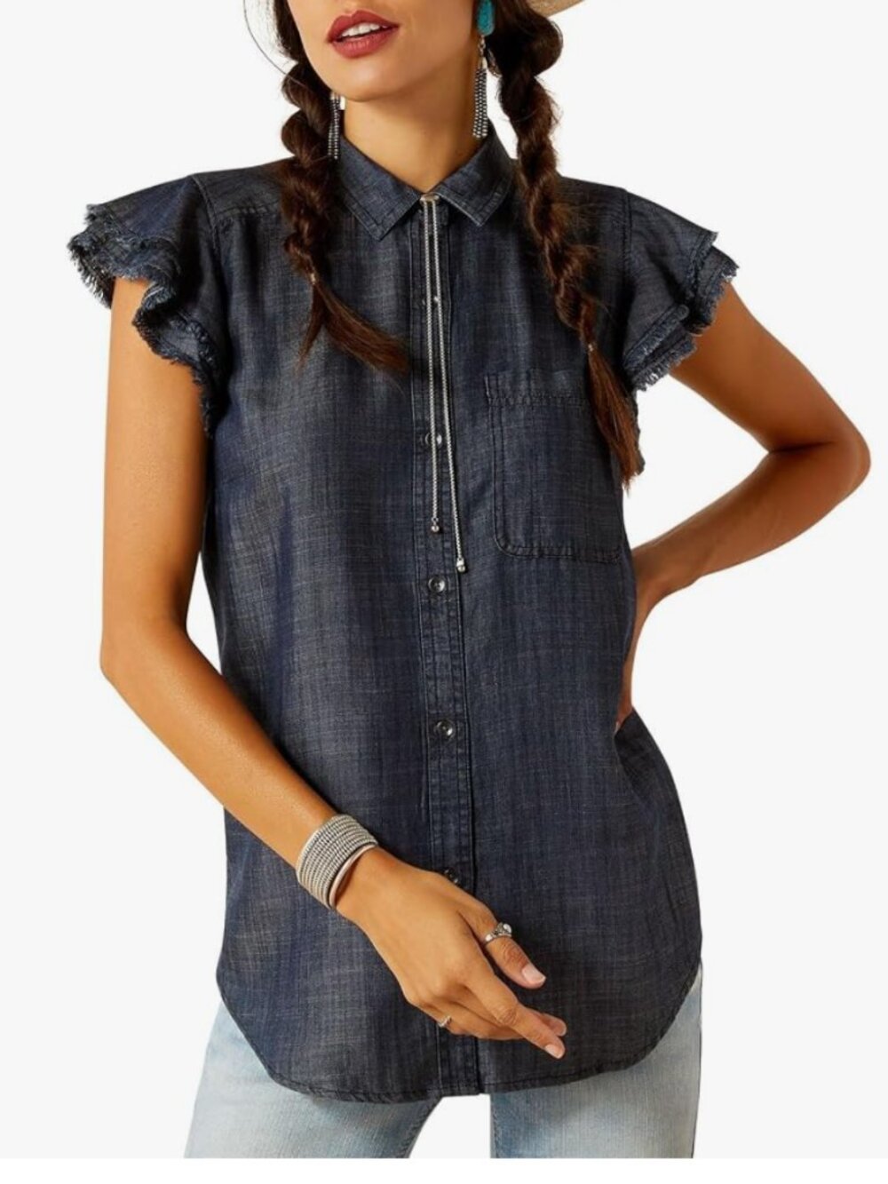 Ariat Blue Chambray Button-Down with Ruffle Sleeves